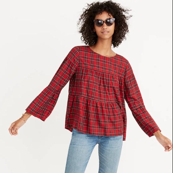 Madewell Plaid Tiered Button-Back Top - Picture 1 of 6